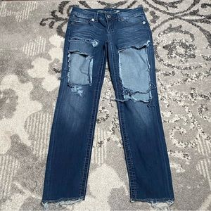 Seven7 Distressed Ripped Embellished Crystal Pocket Dark Wash Skinny Jean